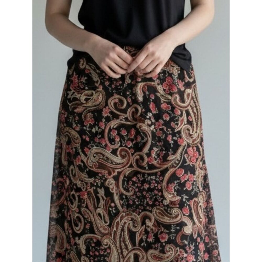Vintage Black & Brown Paisley Midi Skirt with Red Floral Print